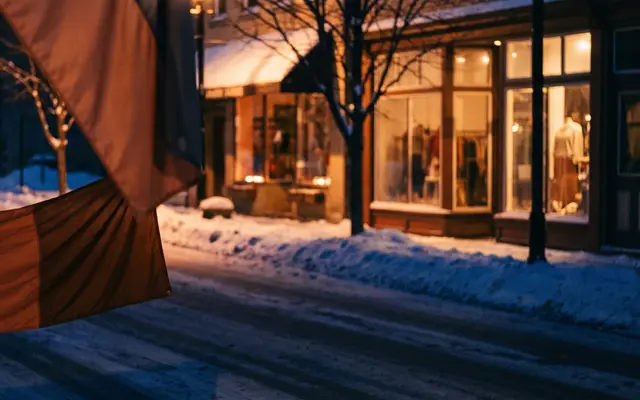 A snowy small-town street at blue hour with warmly lit shop windows