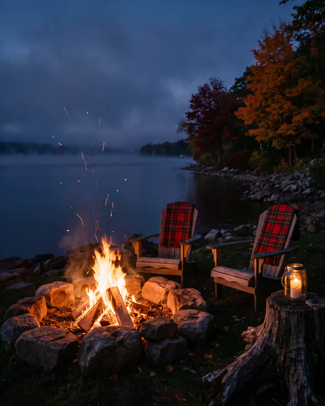 A bonfire in a stone ring beside two blanketed Adirondack chairs on a Finger Lakes shore at dusk
