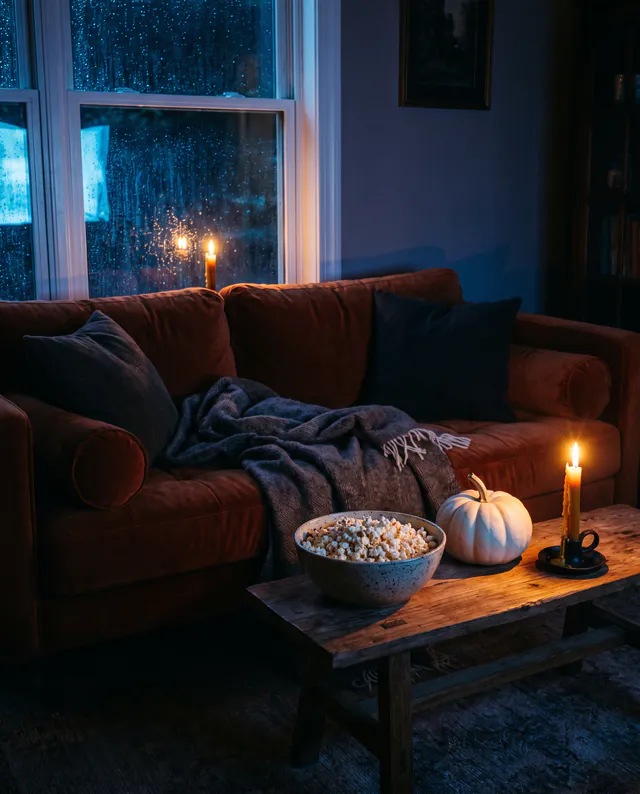 A dark living room lit by candles and a television glow, a velvet sofa with blankets and a bowl of popcorn