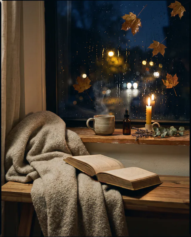 A candlelit window seat on a rainy night with a wool throw, an open book and a cup of tea