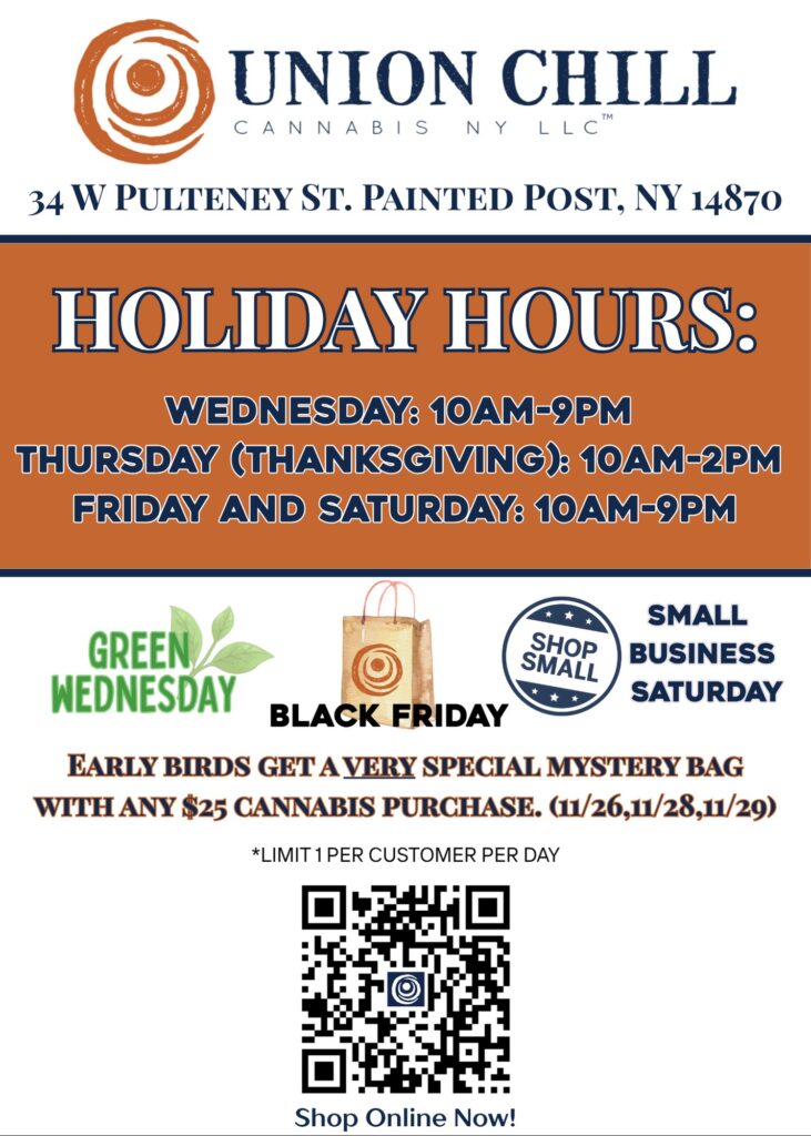 holiday hours for union chill corning ny dispensary near pa line